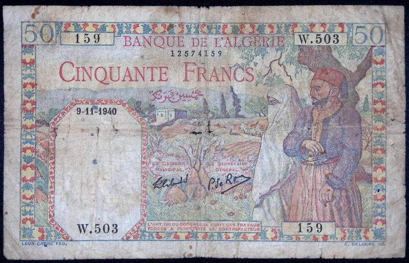 Algeria - Colonia Francese (1830-1962) - 50 Franchi 1940 - filigrana: testa - P#...