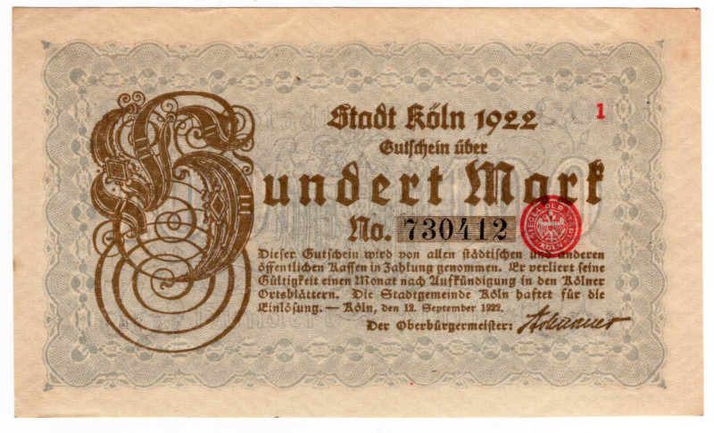 Germania - Repubblica di Weimar (1918-1933) - Città di Colonia (notgeld) - 100 M...