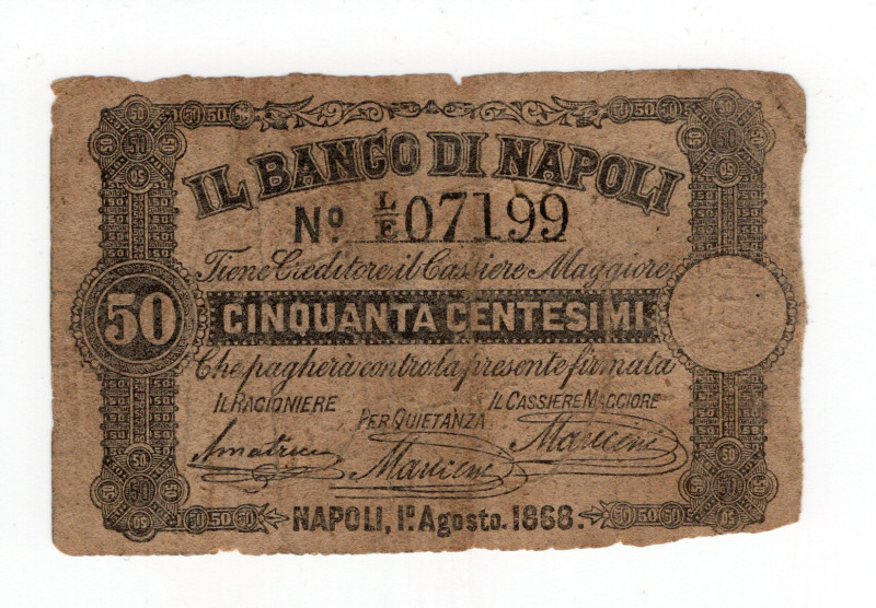 Banco di Napoli - Fede di credito da 50 centesimi emissione 01/08/1868; firme Am...