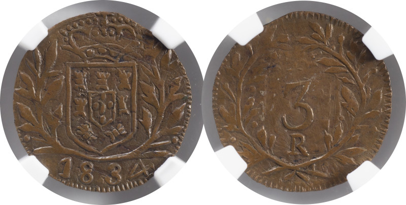 Provas e Ensaios - Provas and Patterns
India Prova 3 reis 1834 Goa
NGC AU DETAIL...