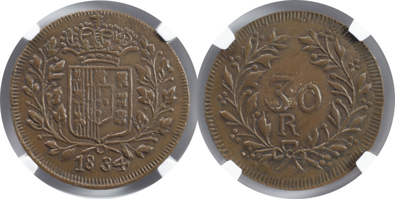 Provas e Ensaios - Provas and Patterns
India Prova 30 reis 1834 Goa
NGC AU 58 BN