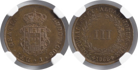 Moedas Certificadas - Certified Coins
Portugal D. Luís I 3 reis 1868 Lisboa
NGC MS 64 BN