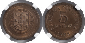 Moedas Certificadas - Certified Coins
Portugal República 5 centavos 1922 Lisboa
NGC MS 65 RD