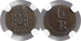 Moedas Certificadas - Certified Coins
Índia Portuguesa - Portuguese India D. Maria II 6 réis 1845 Goa
NGC AU 58 BN