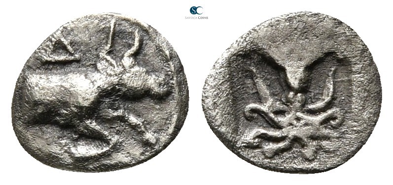 Macedon. Dikaia 450-425 BC. 
Hemiobol AR

8mm., 0,24g.

Forepart of bull ri...