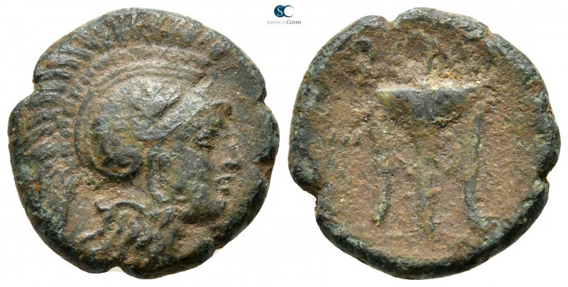 Akarnania. Medeon 300-250 BC. 
Bronze Æ

19mm., 5,76g.

Helmeted head of At...
