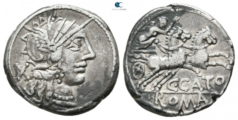 C. Porcius Cato 123 BC. Rome
Denarius AR

19mm., 3,88g.

Helmeted head of R...