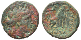 THRACE. Lysimacheia. Circa 309-220 BC. Ae (bronze, 6.97 g, 19 mm). Turreted head of Tyche right. Rev. ΛYΣIMAXEΩN Lion seated right; grain seed (or spe...