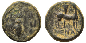 IONIA. Ephesos. Circa 50-27 BC. Ae (bronze, 1.84 g, 12 mm). Menan? magistrate. Bee with straight wings within wreath. Rev. Stag standing right; torch ...