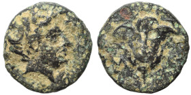 ISLANDS off CARIA. Rhodos. Circa 350-300 BC. Ae (bronze, 0.74 g, 9 mm). Head of Nymph Rhodos right. Rev. Rose with bud right; in field left, monogram....
