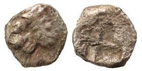 Uncertain Western Asia Minor. Mid to Late 5th century BC. Tetartemorion (silver, 0.17 g, 0.5 mm). Head of lion left. Rev. Quadripartite incuse square.