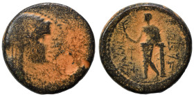 PHOENICIA. Marathos. 220-150 BC. Tetrachalkon (bronze, 9.87 g, 23 mm). Veiled female head (Berenike II?) to right. Rev. Marathos standing left, holdin...