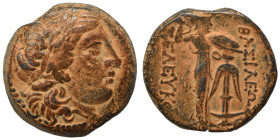 SELEUKID KINGS of SYRIA. Seleukos I Nikator. Ae (bronze, 8.29 g, 20 mm), Antioch on the Orontes. Laureate head of Apollo right. Rev. Athena Promachos ...