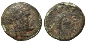 SELEUKID KINGS of SYRIA. Antiochos III the Great, 222-187 BC. Ae (bronze, 3.38 g, 16 mm), Sardes. Laureate head of Apollo right. Rev. Apollo standing ...