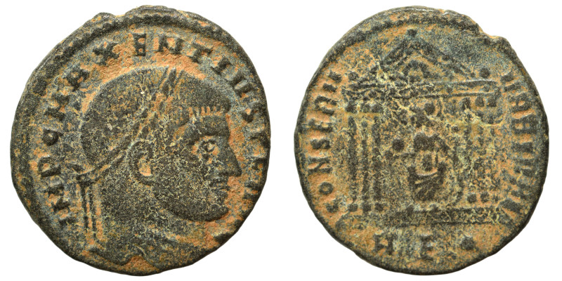 Maxentius, 307-312. Follis (bronze, 4.55 g, 24 mm), Rome. Laureate head right. R...