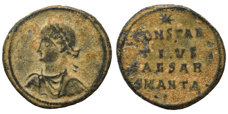 Constantius II, 337-361. Follis (bronze, 2.13 g, 19 mm), Antioch. Laureate, drap...