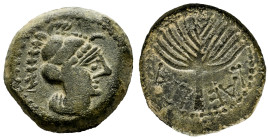 Laelia. Half unit. 50-20 BC. Olivares (Sevilla). (Abh-1651). (Acip-2362). Anv.: Helmeted head right. Rev.: Palm, inverted legend LAELIA. Ae. 8,66 g. C...