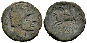 Lakine. Unit. 120-20 BC. Area of Aragon. (Abh-1656). (Acip-1505). Anv.: Male head right, with ornaments on the neck, three dolphins around. Rev.: Hors...