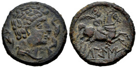 Lakine. Unit. 120-20 BC. Area of Aragon. (Abh-1656). (Acip-1505). Anv.: Male head right, with ornaments on the neck, three dolphins around. Rev.: Hors...