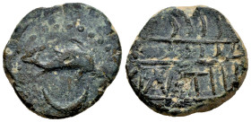 Murtilis. Unit. 120-50 BC. Mértola (Portugal). (Abh-1760). (Gomes-03.01). Anv.: Dolphin, crescent? below. Rev.: Ear of corn, MVRTI between lines below...