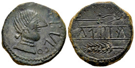 Obulco. Unit. 220-20 BC. Porcuna (Jaén). (Abh-1804). (Acip-2216). Anv.: Female head right, before OBULCO. Rev.: Plow right, ear of corn below, iberian...