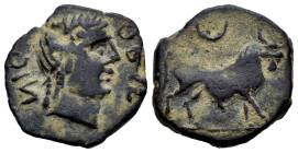 Obulco. Half unit. 220-20 BC. Porcuna (Jaén). (Abh-1839). (MIB-No cita). Anv.: Head of Apollo right, OBVL before, ИI(inverted G) behind. Rev.: Bull ri...