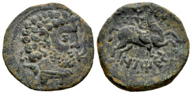 Ontikes. Unit. 120-20 BC. Zona de Navarra-Aragón. (Abh-1888). (Acip-1693). Anv.: Bearded head right, plough before, dolphin behind. Rev.: Horseman rig...