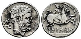 Bolskan. Denarius. 180-20 BC. Huesca. (Abh-1911). (Acip-1417). Anv.: Bearded head right, iberian letters BON behind. Rev.: Horseman right, holding spe...