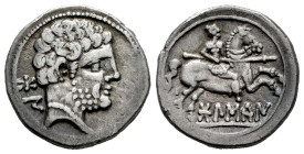 Bolskan. Denarius. 180-20 BC. Huesca. (Abh-1911). (Acip-1417). Anv.: Bearded head right, iberian letters BON behind. Rev.: Horseman right, holding spe...