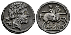 Bolskan. Denarius. 180-20 BC. Huesca. (Abh-1911). (Acip-1417). Anv.: Bearded head right, iberian letters BON behind. Rev.: Horseman right, holding spe...
