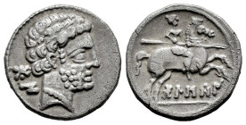 Bolskan. Denarius. 180-20 BC. Huesca. (Abh-1911). (Acip-1417). Anv.: Bearded head right, iberian letters BON behind. Rev.: Horseman right, holding spe...