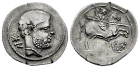 Bolskan. Denarius. 180-20 BC. Huesca. (Abh-1911). (Acip-1423). Anv.: Bearded head right, iberian letters BON behind. Rev.: Horseman right, holding spe...