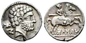 Bolskan. Denarius. 180-20 BC. Huesca. (Abh-1911). (Acip-1417). Anv.: Bearded head right, iberian letters BON behind. Rev.: Horseman right, holding spe...