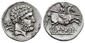 Bolskan. Denarius. 180-20 BC. Huesca. (Abh-1911). (Acip-1417). (C-2). Anv.: Bearded head right, iberian letters BON behind. Rev.: Horseman right, hold...