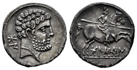 Bolskan. Denarius. 180-20 BC. Huesca. (Abh-1911). (Acip-1412). Anv.: Bearded head right, iberian letters BON behind. Rev.: Horseman right, holding spe...