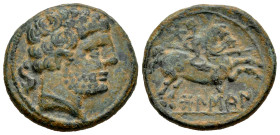 Bolskan. Unit. 180-20 BC. Huesca. (Abh-1918). (Acip-1419). Anv.: Bearded head right, dolphin behind. Rev.: Horseman right, holding spear, star above, ...