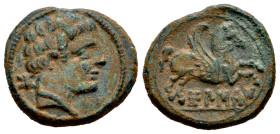 Bolskan. Half unit. 180-20 BC. Huesca. (Abh-1921). (Acip-1416). Anv.: Bearded head right, iberian letter BO behind. Rev.: Pegasus right, iberian legen...
