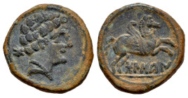 Bolskan. Half unit. 180-20 BC. Huesca. (Abh-1921). (Acip-1416). Anv.: Bearded head right, iberian letter BO behind. Rev.: Pegasus right, iberian legen...