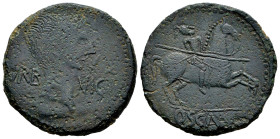 Osca. Unit. 40-20 BC. Huesca. (Abh-1924). Anv.: Head of Augustus right, VRB. VICT on the sides. Rev.: Horseman right, holding spear, OSCA below. Ae. 1...