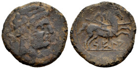 Sekia. Unit. 120-20 BC. Ejea de los Caballeros (Zaragoza). (Abh-2159). (Acip-1449). (C-9). Anv.: Bearded head right, dolphin behind. Rev.: Horseman ri...
