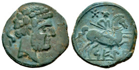 Sekia. Unit. 120-20 BC. Ejea de los Caballeros (Zaragoza). (Abh-2159). (Acip-1449). Anv.: Bearded head right, dolphin behind. Rev.: Horseman right, ho...