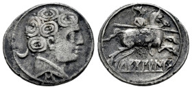 Sekobirikes. Denarius. 120-30 BC. Saelices (Cuenca). (Abh-2169). Anv.: Male head right, crescent and pellet behind, iberian letter S below. Rev.: Hors...