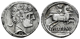 Sekobirikes. Denarius. 120-30 BC. Saelices (Cuenca). (Abh-2169). Anv.: Male head right, crescent and pellet behind, iberian letter S below. Rev.: Hors...