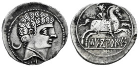Sekobirikes. Denarius. 120-30 BC. Saelices (Cuenca). (Abh-2171). Anv.: Male head right, crescent and three pellets behind, iberian letter S below. Rev...