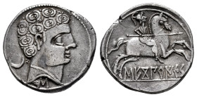 Sekobirikes. Denarius. 120-30 BC. Saelices (Cuenca). (Abh-2171). (Acip-1873). Anv.: Male head right, crescent and three pellets behind, iberian letter...