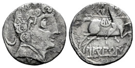 Sekobirikes. Denarius. 120-30 BC. Saelices (Cuenca). (Abh-2172). Anv.: Male head right, crescent behind and iberian letter S below. Rev.: Horseman rig...
