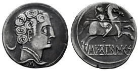 Sekobirikes. Denarius. 120-30 BC. Saelices (Cuenca). (Abh-2172). Anv.: Male head right, crescent behind and iberian letter S below. Rev.: Horseman rig...