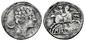 Sekobirikes. Denarius. 120-30 BC. Saelices (Cuenca). (Abh-2174). Anv.: Male head right, crescent behind and iberian letter S below. Rev.: Horseman rig...