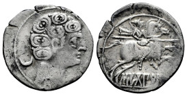 Sekobirikes. Denarius. 120-30 BC. Saelices (Cuenca). (Abh-2174). Anv.: Male head right, crescent behind and iberian letter S below. Rev.: Horseman rig...
