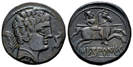 Sekobirikes. Unit. 120-30 BC. Saelices (Cuenca). (Abh-2176). (Acip-1876). Anv.: Male head right, dolphin before, behind palm and below iberian letter ...